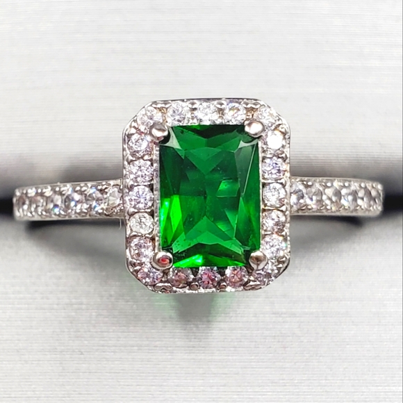 Green Emerald Simulant & Diamond Simulants Rhodium Plated Silver Tone Halo Ring - Picture 1 of 6